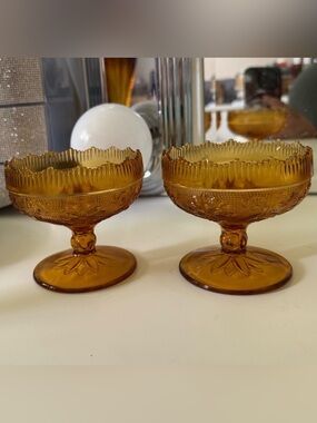 Vintage Tiara Indiana Glass Amber Sandwich Taper Candle Holders, Matching Set